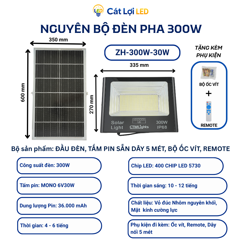 Đèn pha năng lượng mặt trời CTMLights 300W, chống nước IP68 siêu tốt, đúc nhôm không gỉ