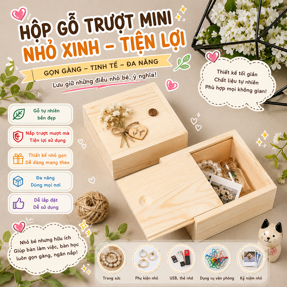 Hộp gỗ nắp trượt, hộp quà tết, đựng phụ kiện đa năng