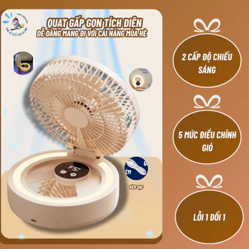 Quạt Gấp Gọn Tích Điện, Quạt Để Bàn, Treo Tường Không dây, Đèn Ngủ, Có 5 Mức Điều Chỉnh Gió Pin Khỏe,Tiện Lợi Mang Đi