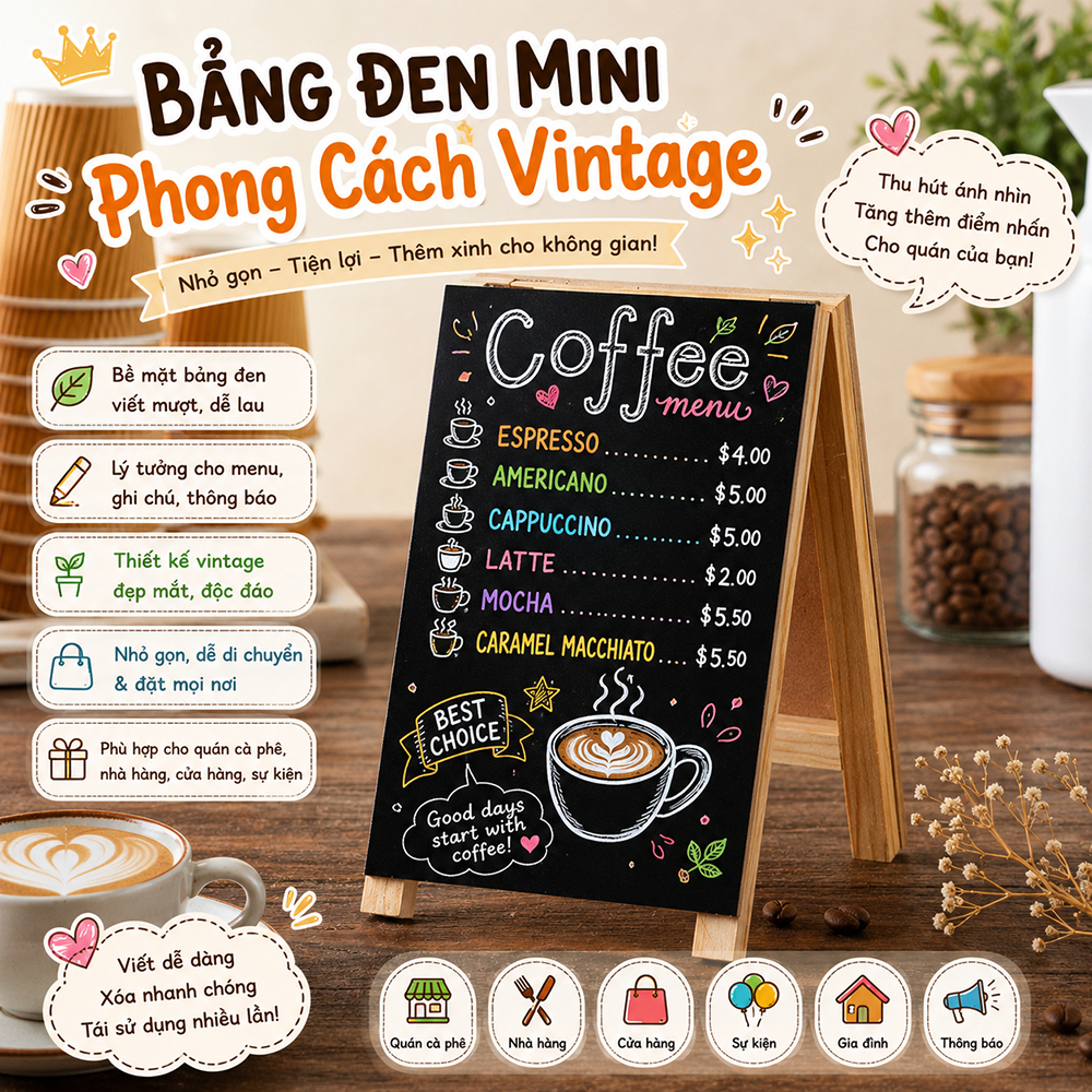 Bảng đen menu mini 2 mặt để bàn, dùng trng quán cafe, quán trà sữa, quán ăn, nhà hàng, khách sạn
