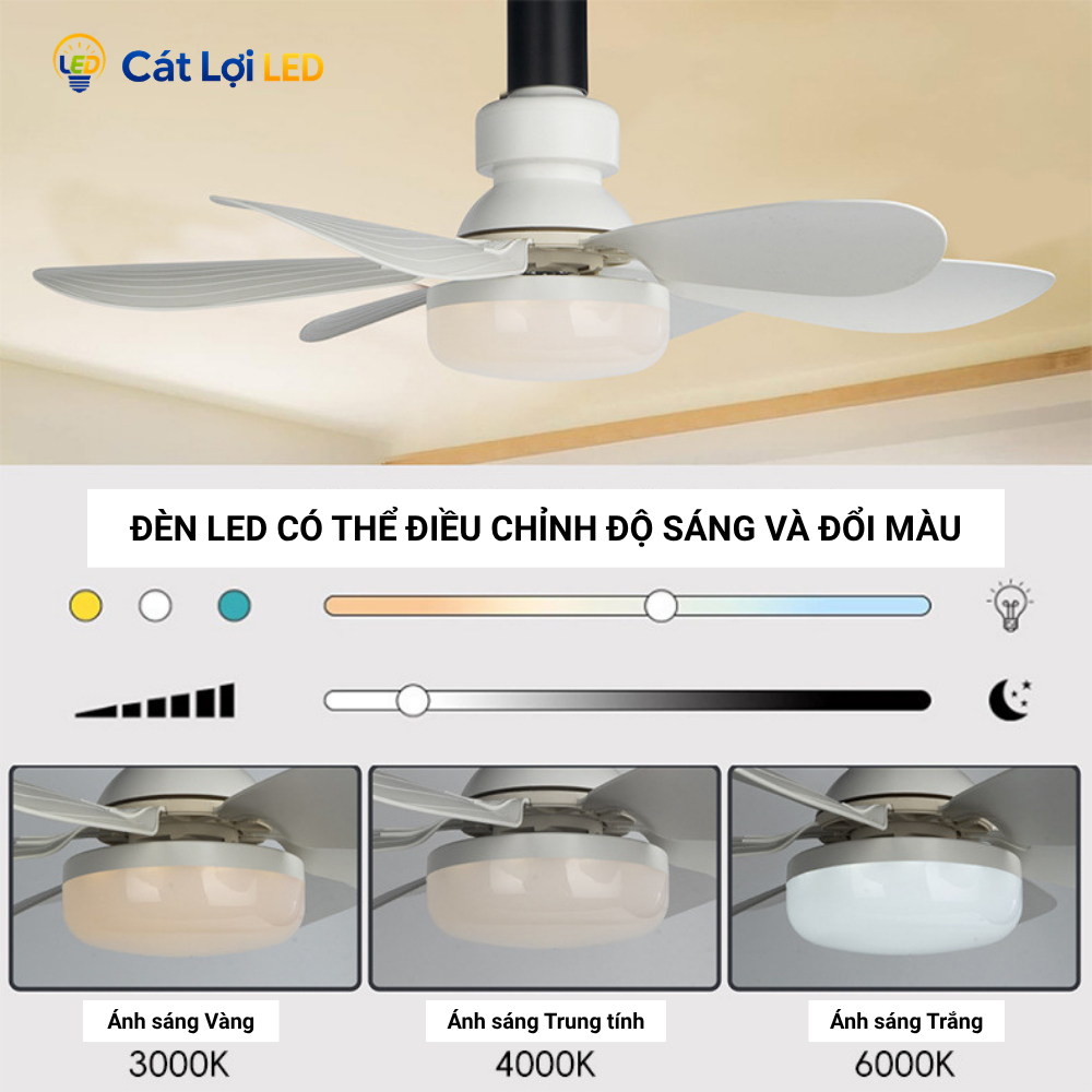 Quạt trần 2 trong 1 đui E27 kèm đèn LED 3 màu 3000 - 6500K, 6 cánh gió, remote điều khiển từ xa