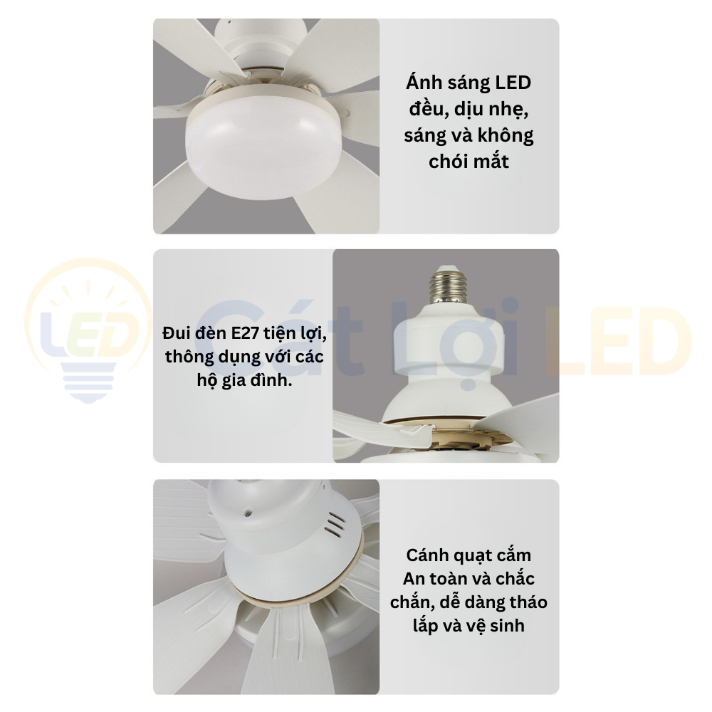 Quạt trần 2 trong 1 đui E27 kèm đèn LED 3 màu 3000 - 6500K, 6 cánh gió, remote điều khiển từ xa