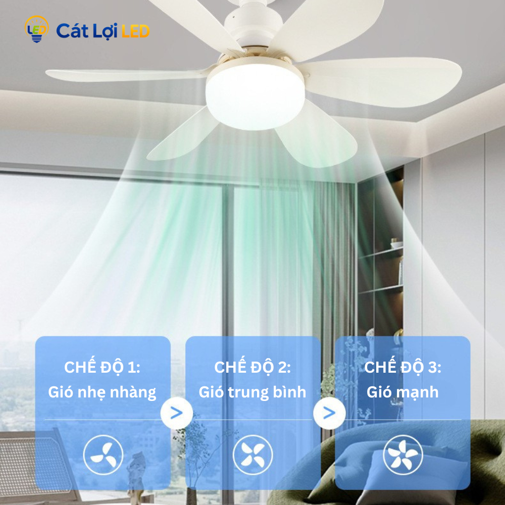Quạt trần 2 trong 1 đui E27 kèm đèn LED 3 màu 3000 - 6500K, 6 cánh gió, remote điều khiển từ xa