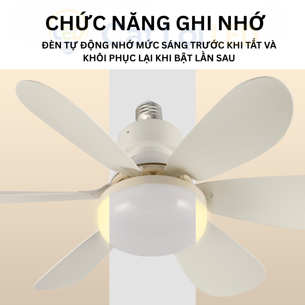 Quạt trần 2 trong 1 đui E27 kèm đèn LED 3 màu 3000 - 6500K, 6 cánh gió, remote điều khiển từ xa