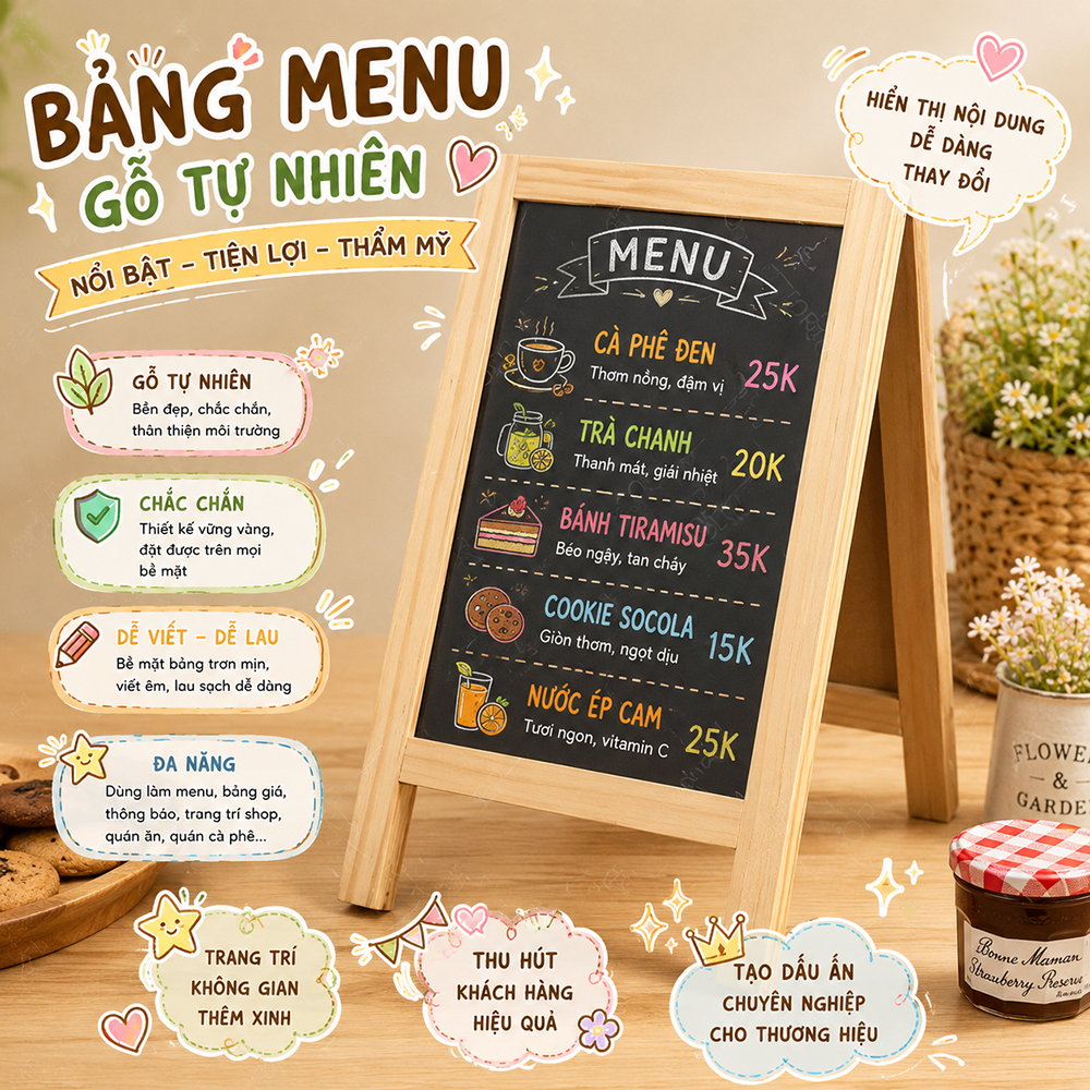 Bảng đen menu mini 2 mặt để bàn, dùng trng quán cafe, quán trà sữa, quán ăn, nhà hàng, khách sạn, bảng báo