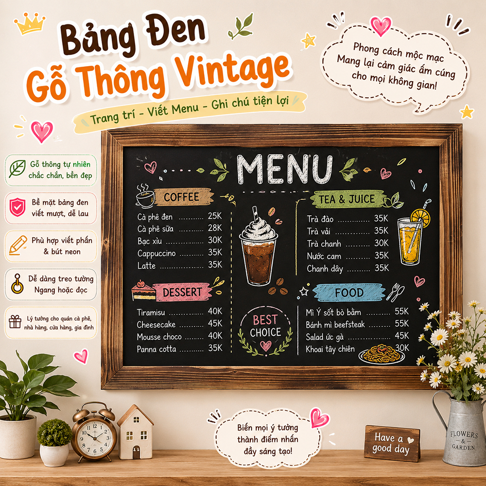 Bảng đen menu khung gỗ màu nâu treo tường dùng cho quán ăn, quán cafe, trà sữa, nhà hàng, homestay