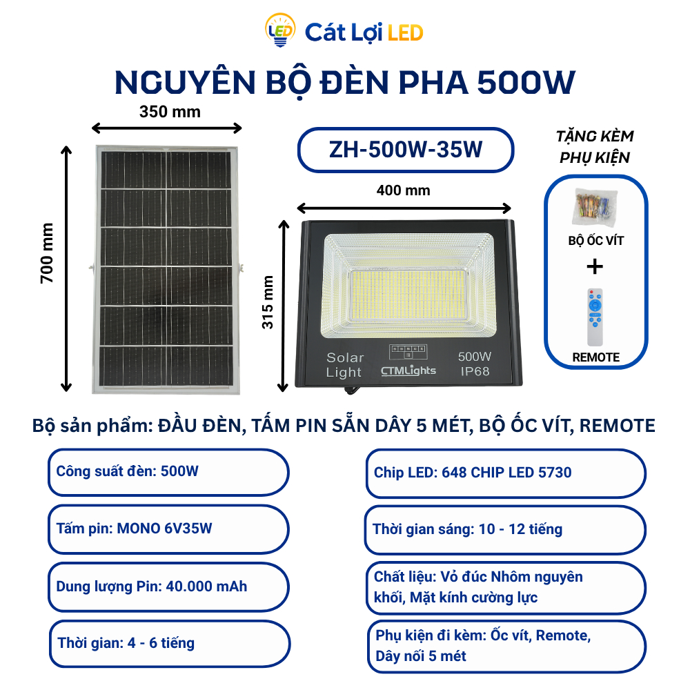 Đèn Pha Năng Lượng Mặt Trời 500W, Pin 25.000mAh, Chống Nước IP68, Phủ Sáng 150m2 - CTMLights
