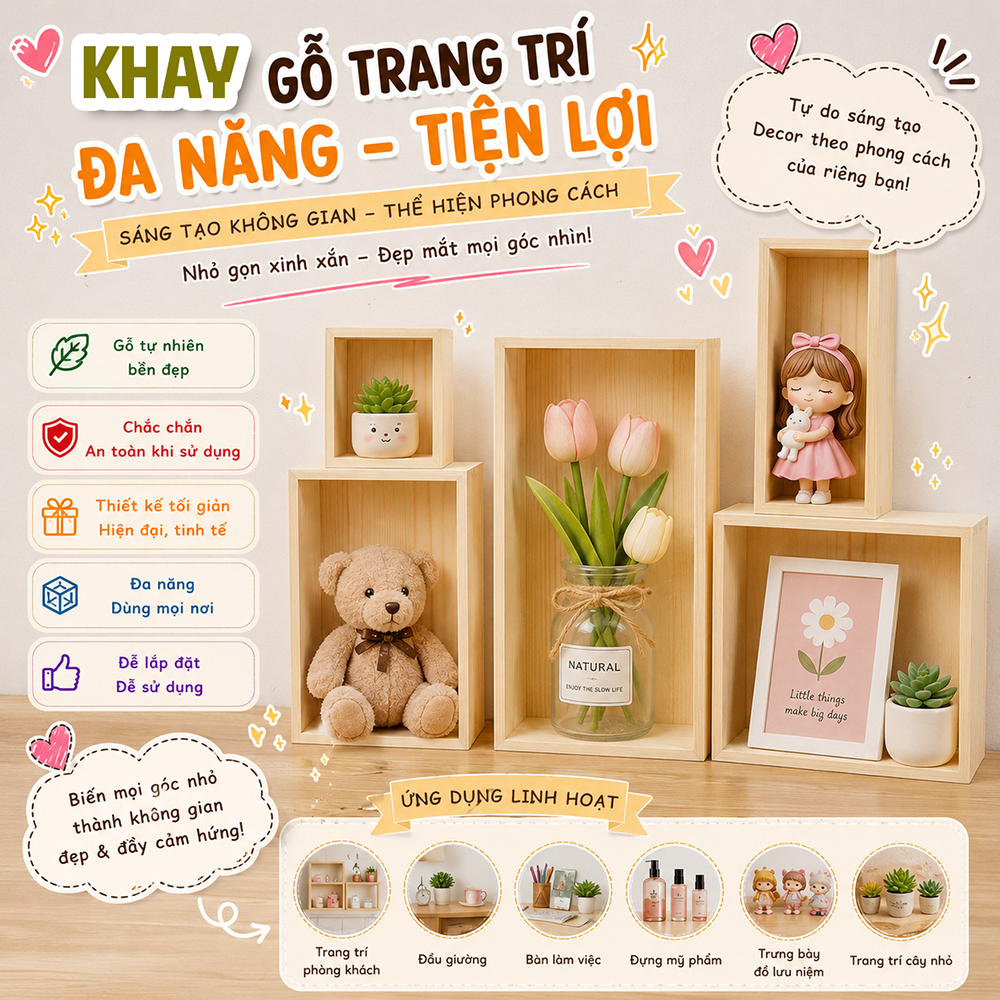 Khay gỗ tự nhiên, khay đựng đồ gói quà đa năng. Hộp đựng đồ phụ kiện