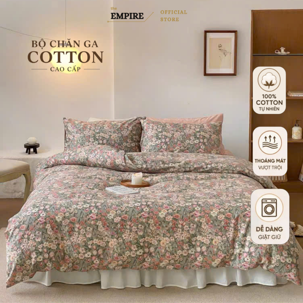 Bộ chăn ga gối 4 món bo chun cotton 100% EMPIRE ga giường hoa nhí thoáng mát- Empire Bedding & Decor