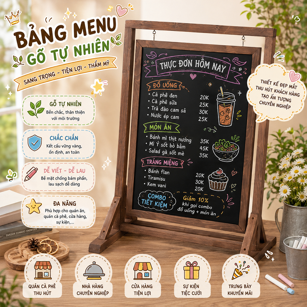Bảng đen 2 mặt menu khung gỗ màu nâu, dùng cho tiệm Spa, quán ăn, quán cafe, trà sữa, nhà hàng, homestay