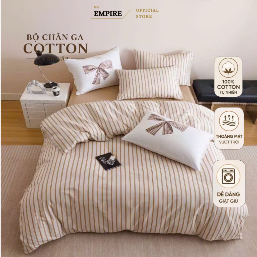 Bộ Chăn Ga 4 Món Chăn Chần Ga Gối Cotton 100% Nhiều Mẫu Basic Kẻ Sọc Đa Dạng EMPIRE Bedding & Decor