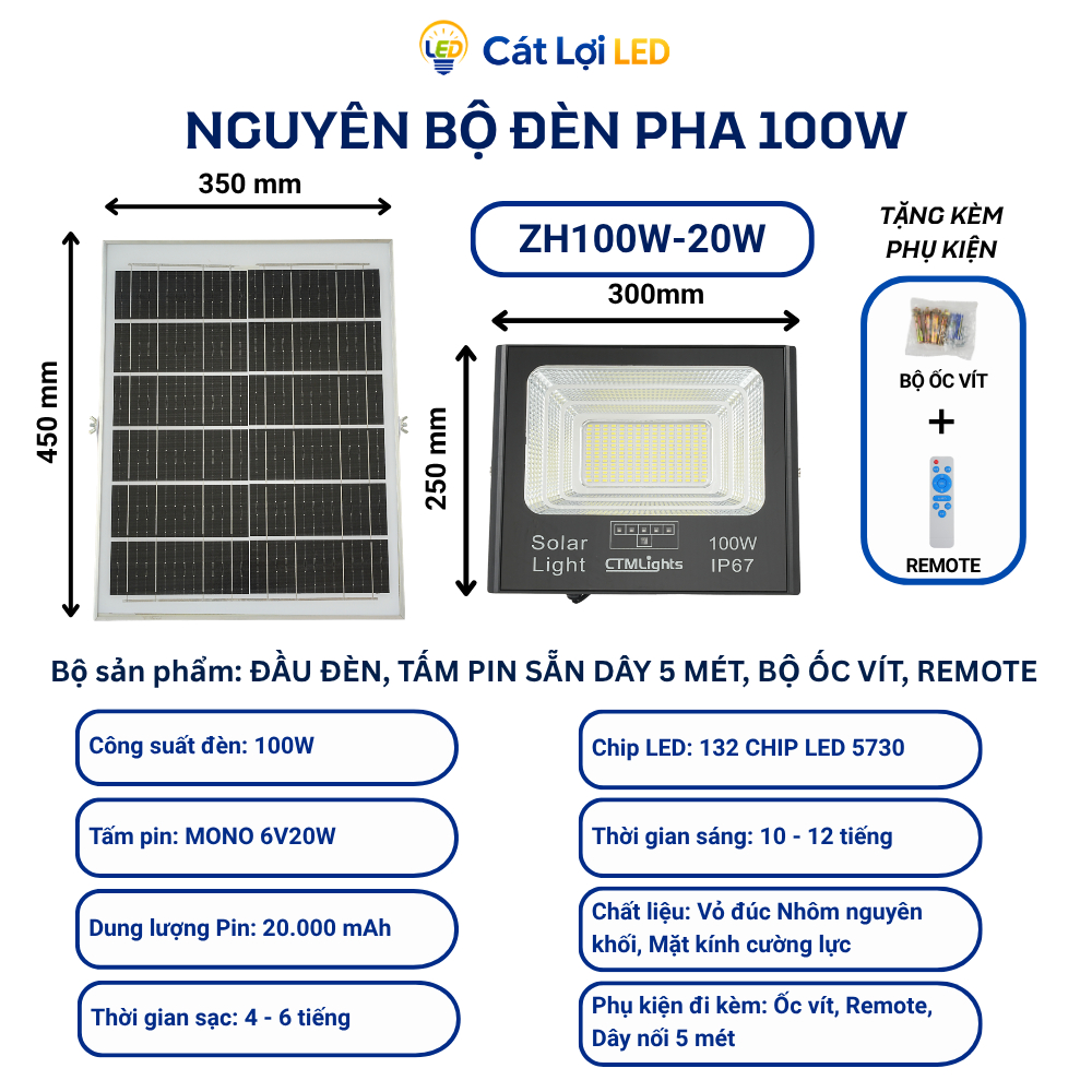 Đèn Pha Năng Lượng Mặt Trời 100W Vỏ Nhôm, Chống Nước, Siêu Sáng, Bảo Hành 2 Năm