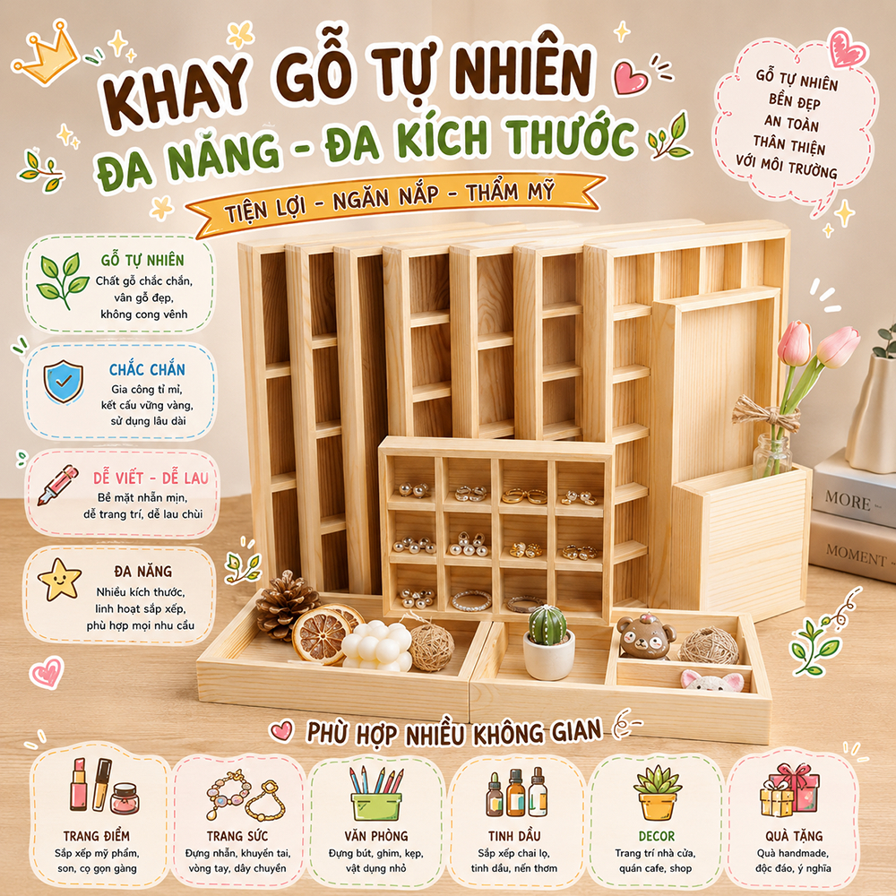Khay gỗ chia nhiều ngăn để phụ kiện, trang sức, đồ lưu niệm, khay trưng bày bán hàng đa năng