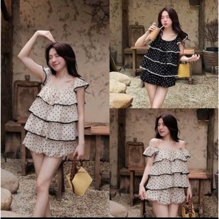 Set Nữ, Áo Babydoll Sát Nách Viền Ren Tầng  Mix Quần Boom Bí Hoạ Tiết Chấm Bi