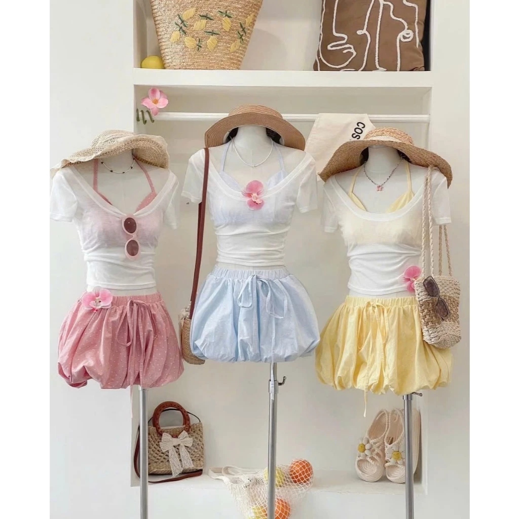 (Sẵn Hỏa Tốc) Set bikini 3 món Loại 1 thiết kế áo bra có mút ngực dày kèm áo thun trắng mix chân váy bí chấm bi siêu xin