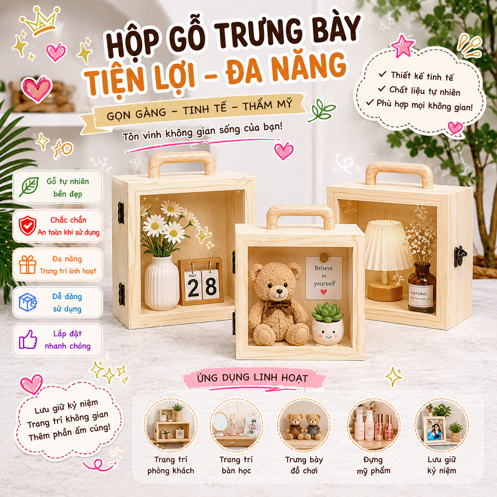 Hộp gỗ khóa cài có tay cầm sang trọng và đẹp, hộp đựng quà tết, đựng phụ kiện đa năng nhiều kích thước