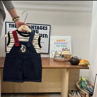 Set yếm jeans đùi phối áo kẻ in cún con dễ thương cho bé