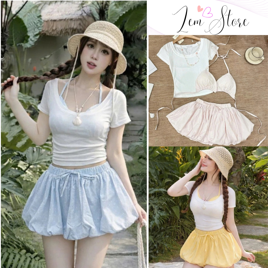 (Sẵn Hỏa Tốc) Set bikini 3 món Loại 1 thiết kế áo bra có mút ngực dày kèm áo thun trắng mix chân váy bí chấm bi siêu xin