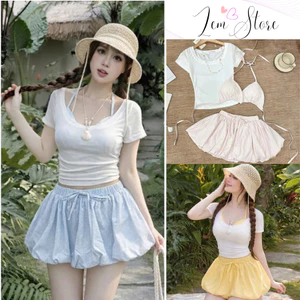 Set bikini 3 món Loại 1 thiết kế áo bra có mút ngực dày kèm áo thun trắng mix chân váy bí chấm bi siêu xin