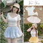 Set bikini 3 món Loại 1 thiết kế áo bra có mút ngực dày kèm áo thun trắng mix chân váy bí chấm bi siêu xin