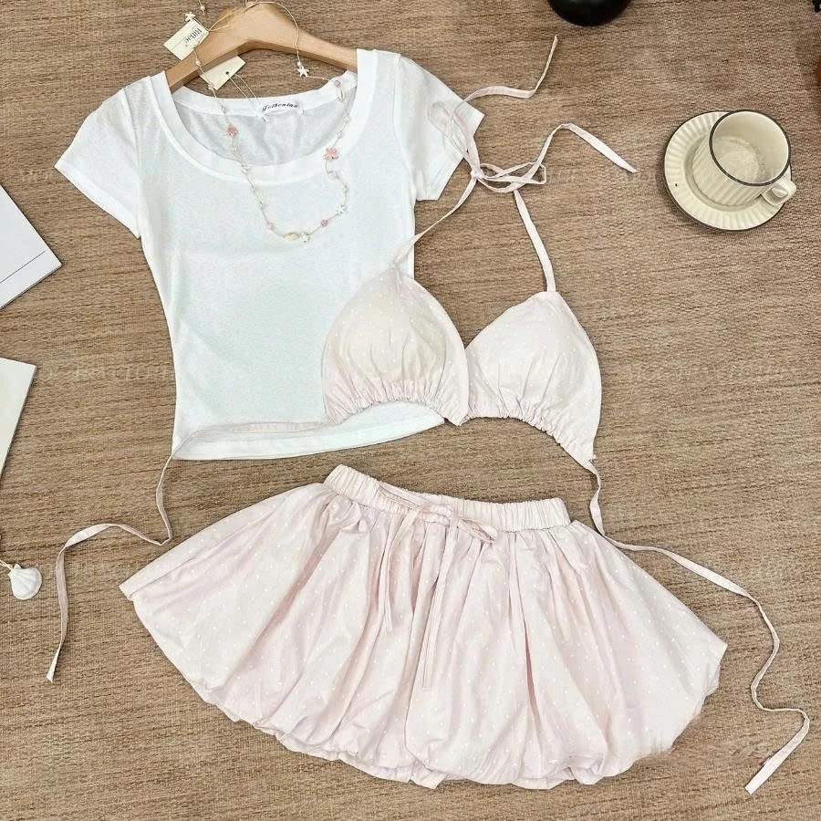 (Sẵn Hỏa Tốc) Set bikini 3 món Loại 1 thiết kế áo bra có mút ngực dày kèm áo thun trắng mix chân váy bí chấm bi siêu xin