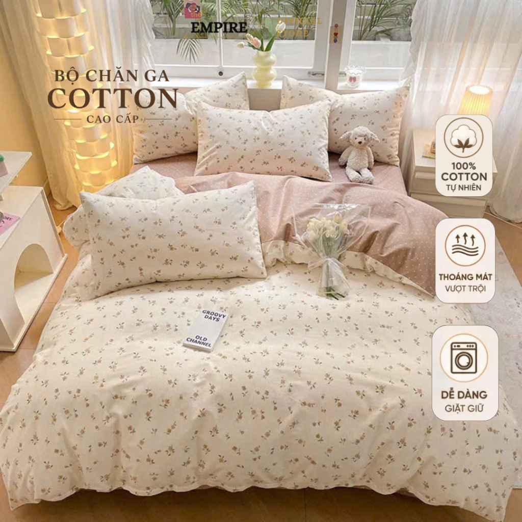 Bộ chăn ga gối nệm đệm set 4 món cotton 100% EMPIRE ga bo chun chăn chần bông-Empire Bedding & Decor