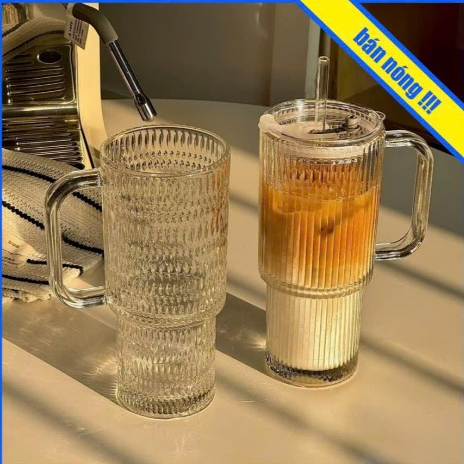 Ly  Cốc Thuỷ Tinh Tăm Tre 500ML Có Tay Cầm. Hàng Thuỷ Tinh Dày Đẹp