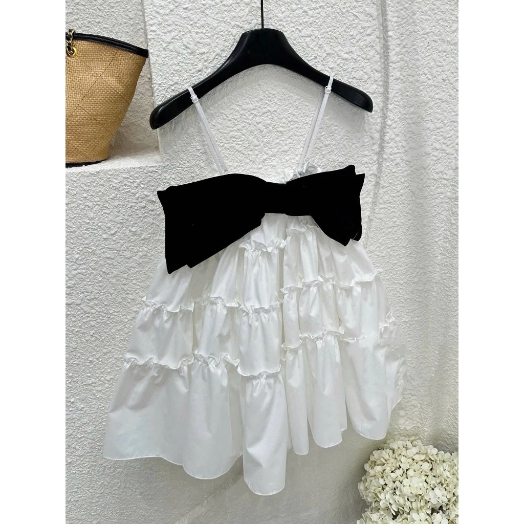 (Sẵn Hỏa Tốc) Váy 2 Dây Babydoll Phối Nơ Ngực -  Đầm Xòe Tầng Tiểu Thư Hàn Quốc Dễ Thương
