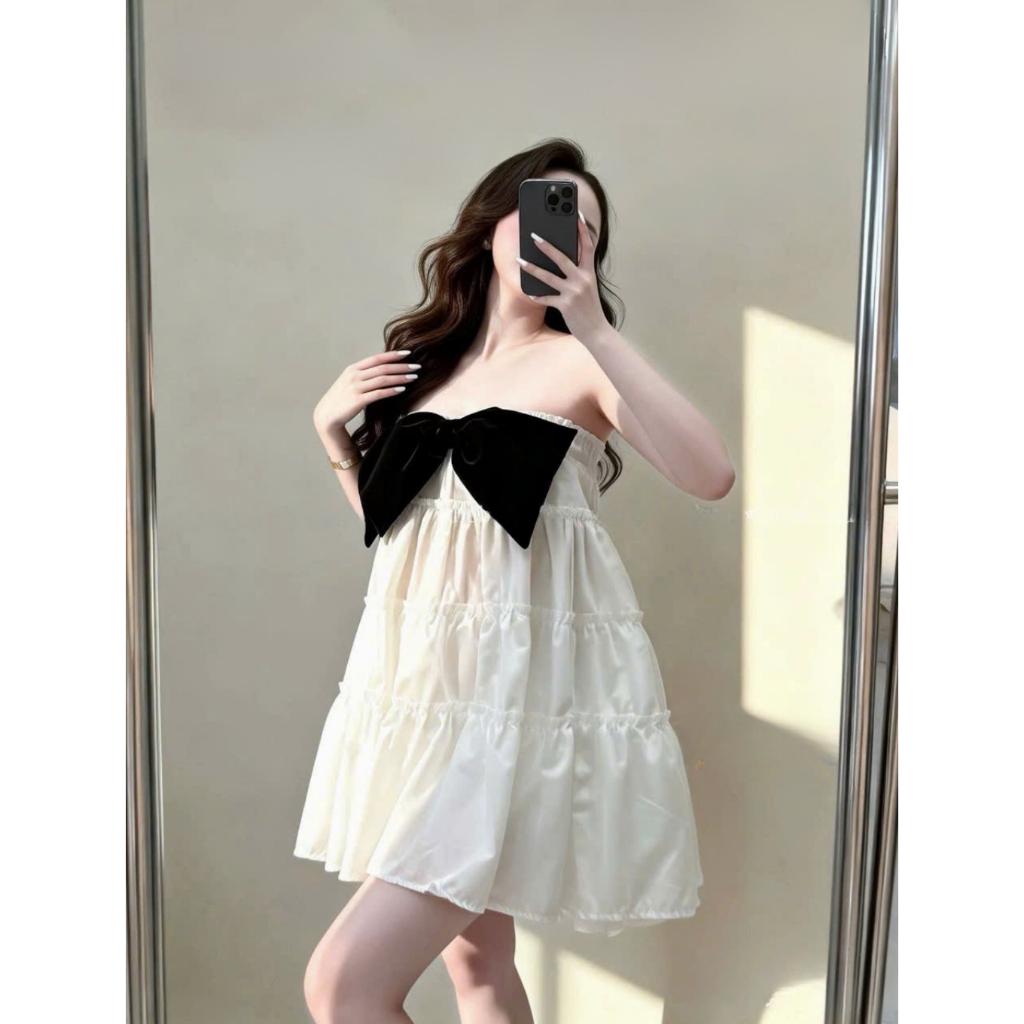 (Sẵn Hỏa Tốc) Váy 2 Dây Babydoll Phối Nơ Ngực -  Đầm Xòe Tầng Tiểu Thư Hàn Quốc Dễ Thương