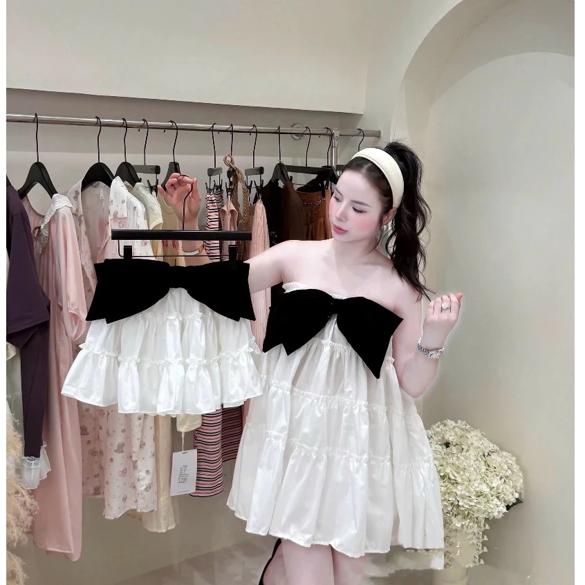 (Sẵn Hỏa Tốc) Váy 2 Dây Babydoll Phối Nơ Ngực -  Đầm Xòe Tầng Tiểu Thư Hàn Quốc Dễ Thương