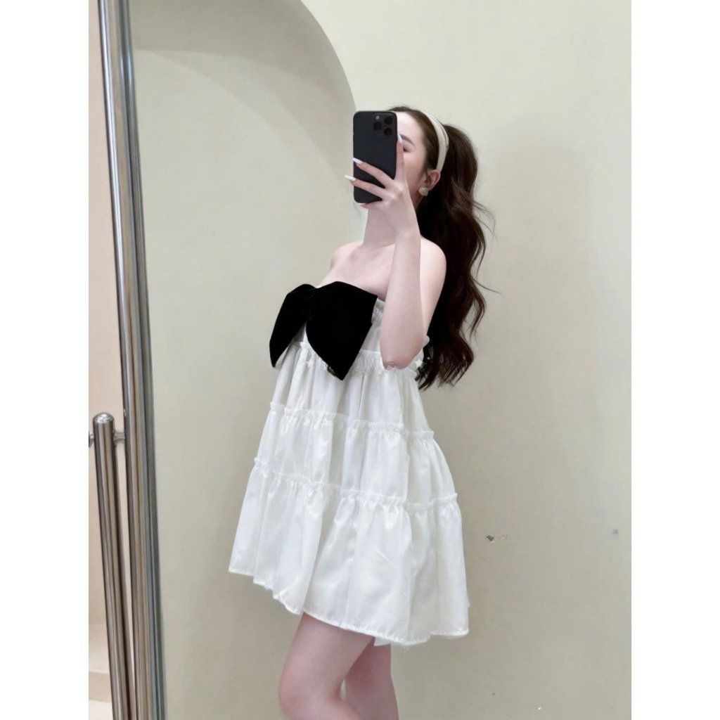 (Sẵn Hỏa Tốc) Váy 2 Dây Babydoll Phối Nơ Ngực -  Đầm Xòe Tầng Tiểu Thư Hàn Quốc Dễ Thương