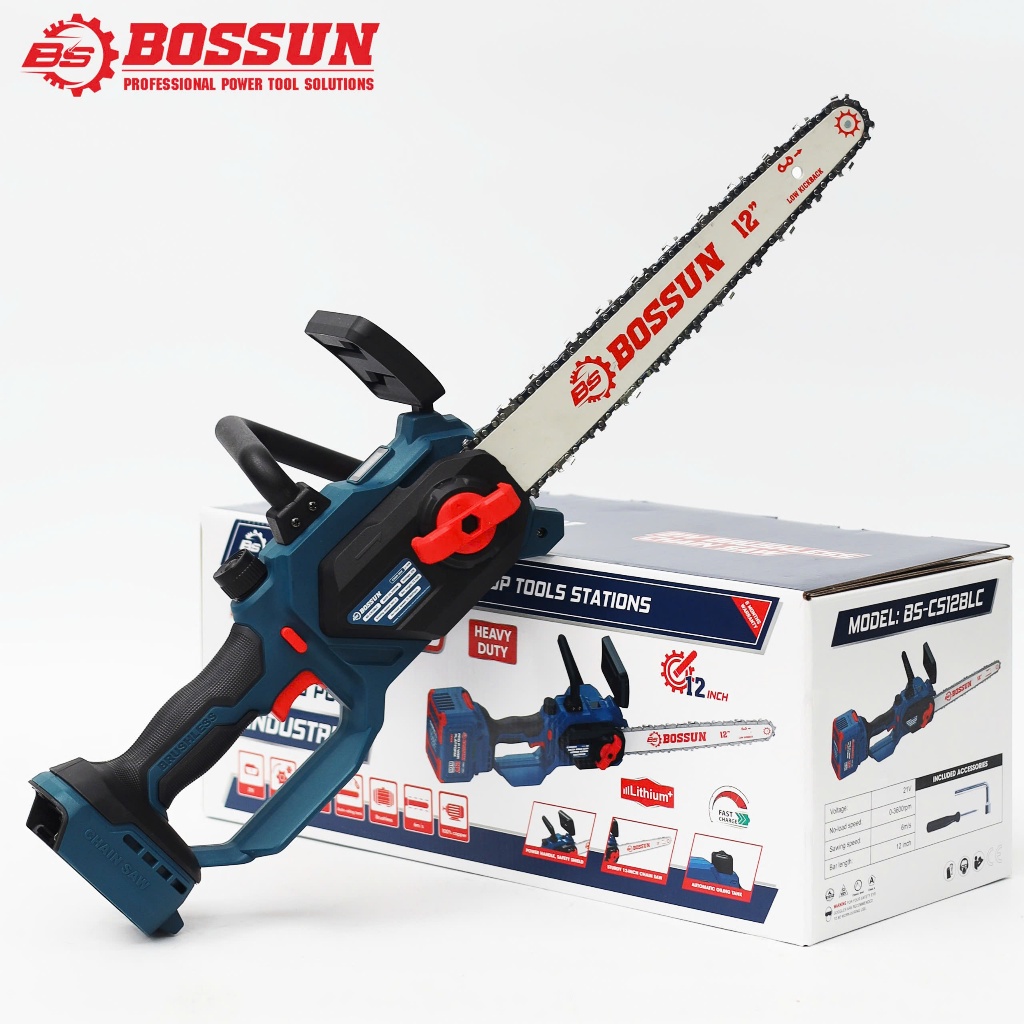 Máy Cưa Xích Pin BOSSUN BS-CS12BLC, Không Chổi Than, Chiều Dài Lam 26cm, Bình Tra Nhớt Tự Động Thép Cố Định – Phục Vụ