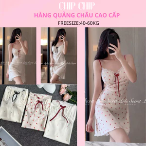 VÁY NGỦ HAI DÂY LỤA SATIN IN HỌA TIẾT ĐÍNH NƠ- HÀNG QUẢNG CHÂU CAO CẤP