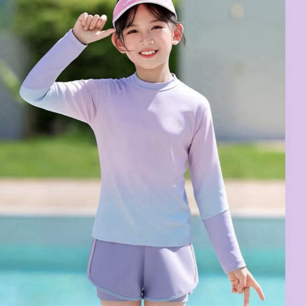 Đồ bơi cho bé gái dài tay giữ nhiệt sz 10-50kg, đồ bơi bé gái áo+quần đùi chất thun bơi dầy dặn