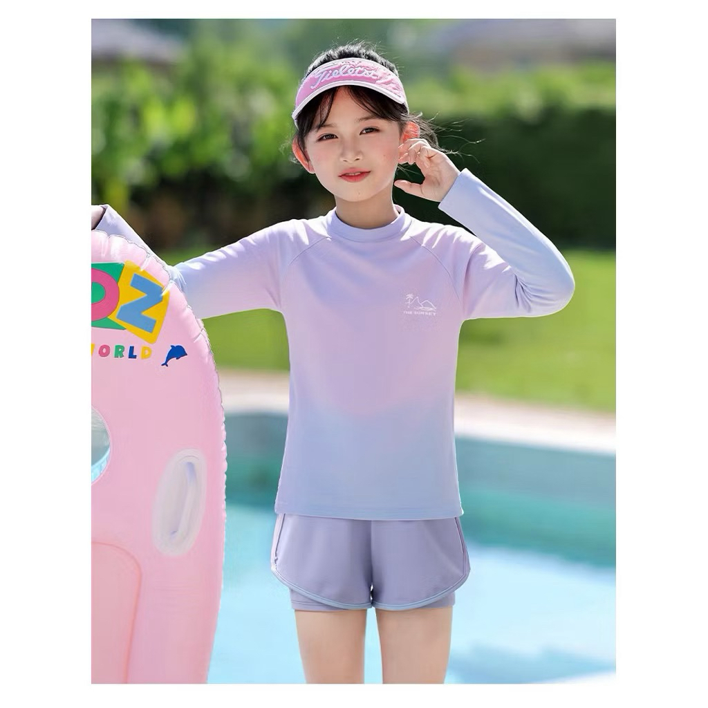 Đồ bơi cho bé gái dài tay giữ nhiệt sz 10-50kg, đồ bơi bé gái áo+quần đùi chất thun bơi dầy dặn