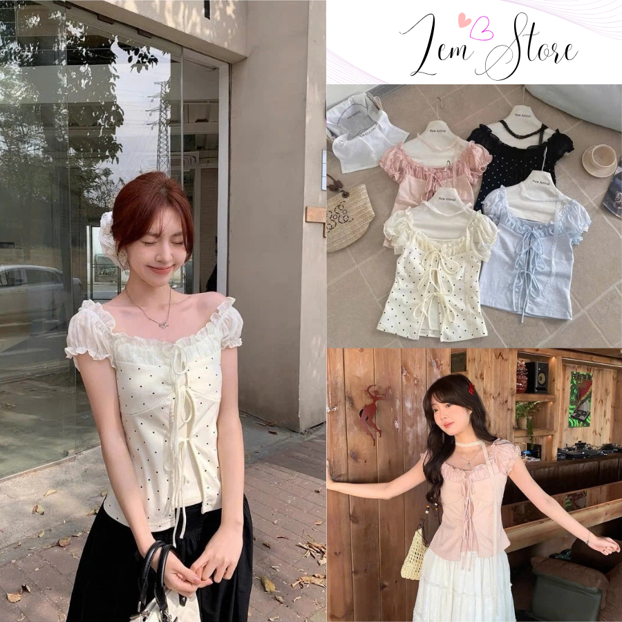 Áo Kiểu Nữ Trễ Vai Phối Ren Bèo Cổ Vuông Họa Tiết Chấm Bi - Áo Thun Nữ Buộc Nơ Xinh Xắn