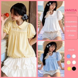 Áo Babydoll Nữ Cổ Sen Tay Phồng Form Rộng Che Bụng vàng trắng xanh hàn quốc VANISA SM105