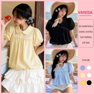 Áo Kiểu Nữ Cổ Sen Tay Phồng Dáng Suông vàng xanh hồng trắng Mặc Hè  VANISA SM105