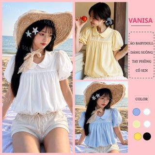 Áo babydoll nữ dáng bí tay phồng cổ sen đen trắng hồng vàng phong cách Hàn Quốc VANISA SM105