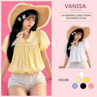 Áo Babydoll Nữ Cổ Sen Tay Phồng Che Bụng Dáng Suông vàng hồng đen xanh Hàn Quốc VANISA SM105