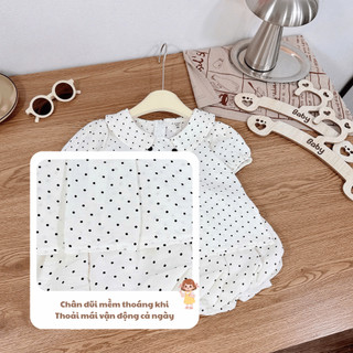 Set Áo Babydoll Cổ Sen Và Chân Váy Bí Chấm Bi Hồng Cao Cấp Xinh Xắn Đáng Yêu Dánh Cho Bé Gái 8-22Kg