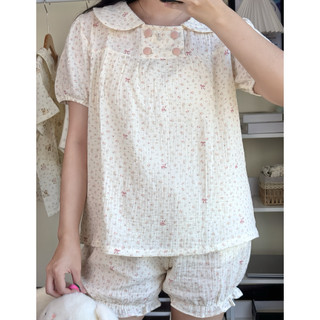 Đồ ngủ nữ tay ngắn quần đùi – Pyjama vải xô muslin cổ sen babydoll quần bí dễ thương | KNG.studio (Tặng kèm scrunchies)