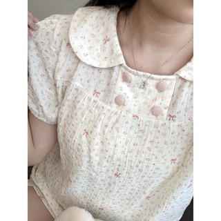 Đồ ngủ nữ tay ngắn quần đùi – Pyjama vải xô muslin cổ sen babydoll quần bí dễ thương | KNG.studio (Tặng kèm scrunchies)