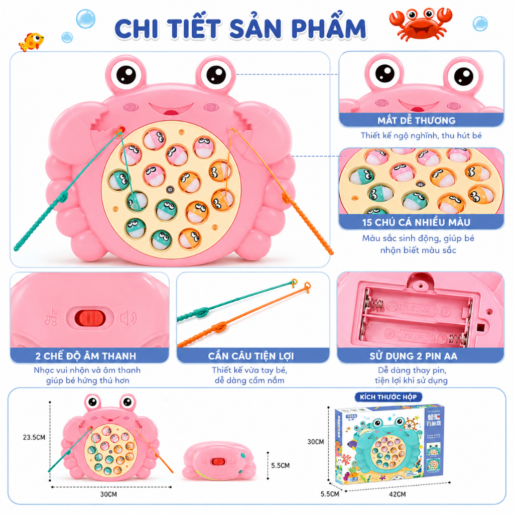 Đồ Chơi Câu Cá Điện Tử Hình Cua Đĩa Xoay 360° Có Nhạc – Bộ Câu Cá Nam Châm Cho Bé 15 Cá 2 Cần Câu