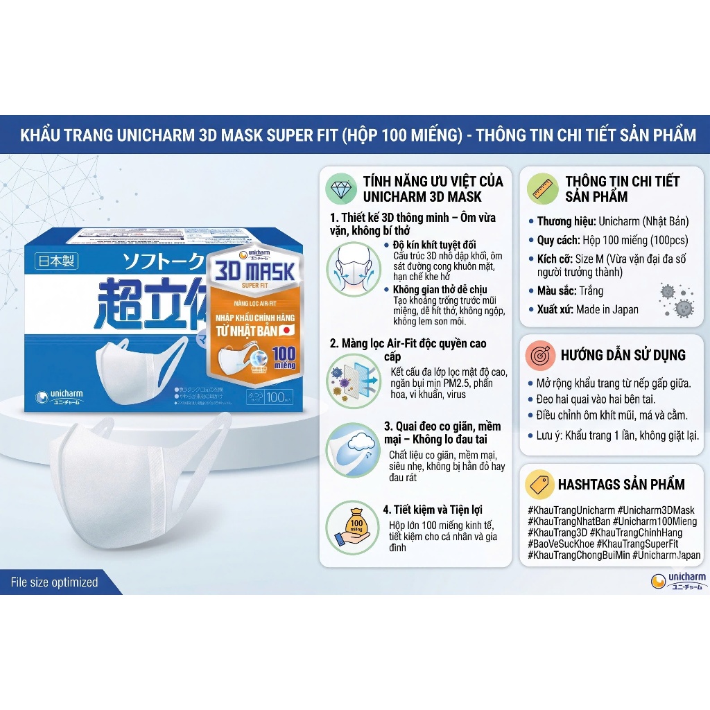 🛡️ KHẨU TRANG UNICHARM 3D MASK SUPER FIT (HỘP 100 MIẾNG) – NHẬP KHẨU CHÍNH HÃNG NHẬT BẢN