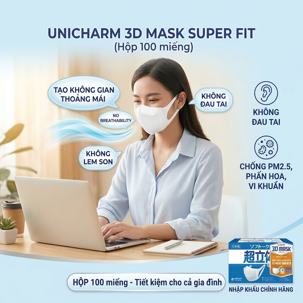 🛡️ KHẨU TRANG UNICHARM 3D MASK SUPER FIT (HỘP 100 MIẾNG) – NHẬP KHẨU CHÍNH HÃNG NHẬT BẢN