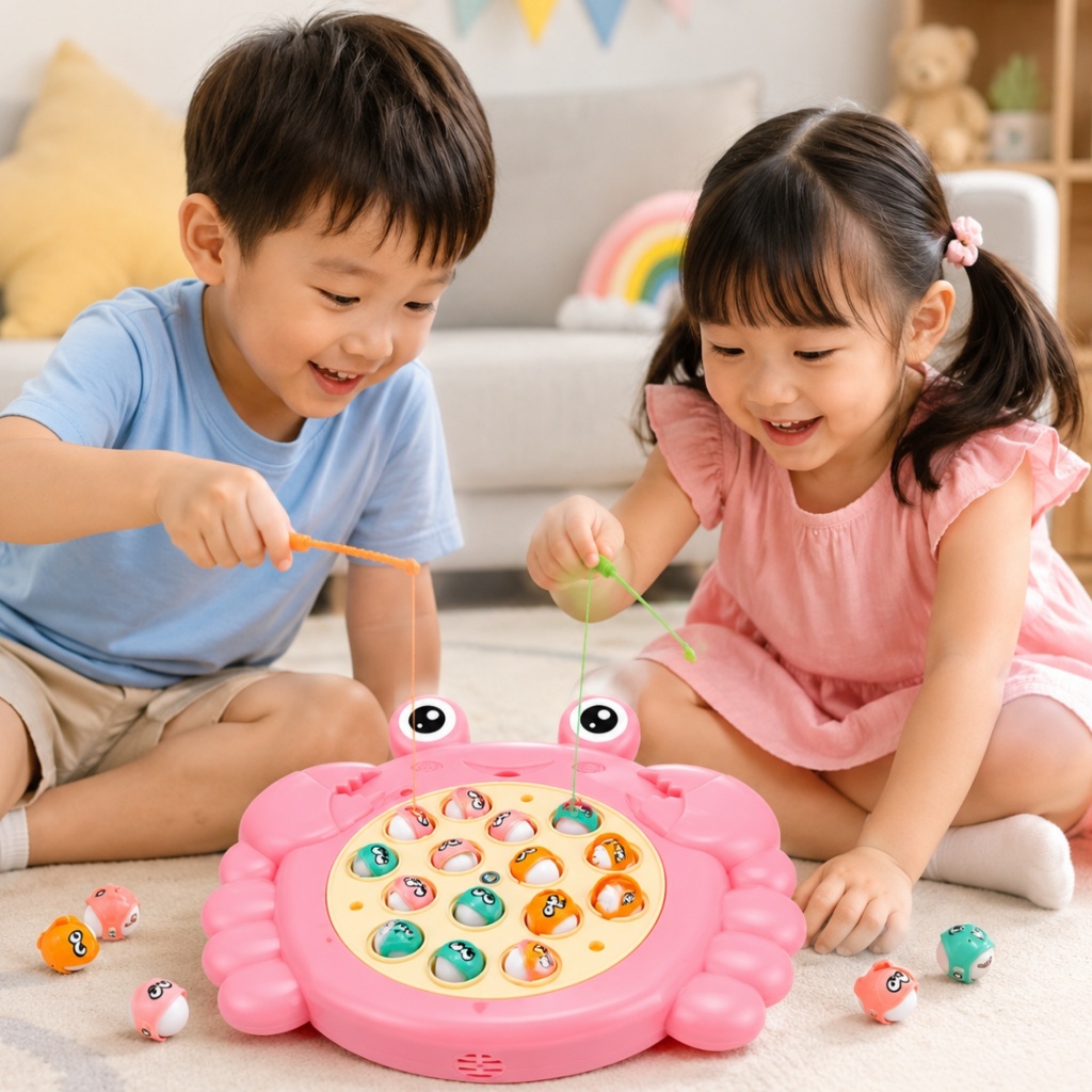 Đồ Chơi Câu Cá Điện Tử Hình Cua Đĩa Xoay 360° Có Nhạc – Bộ Câu Cá Nam Châm Cho Bé 15 Cá 2 Cần Câu