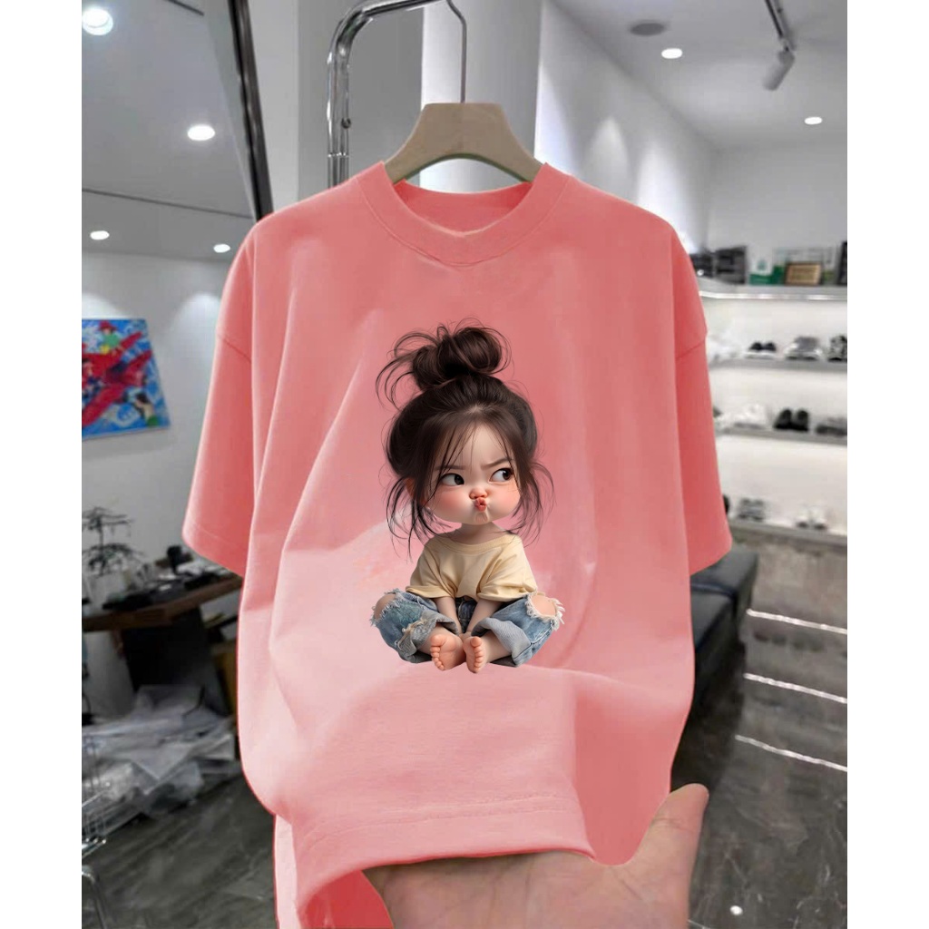 Áo thun in hình cô gái chu mỏ đáng yêu Form Dáng Rộng Cotton Cao Cấp Premium
