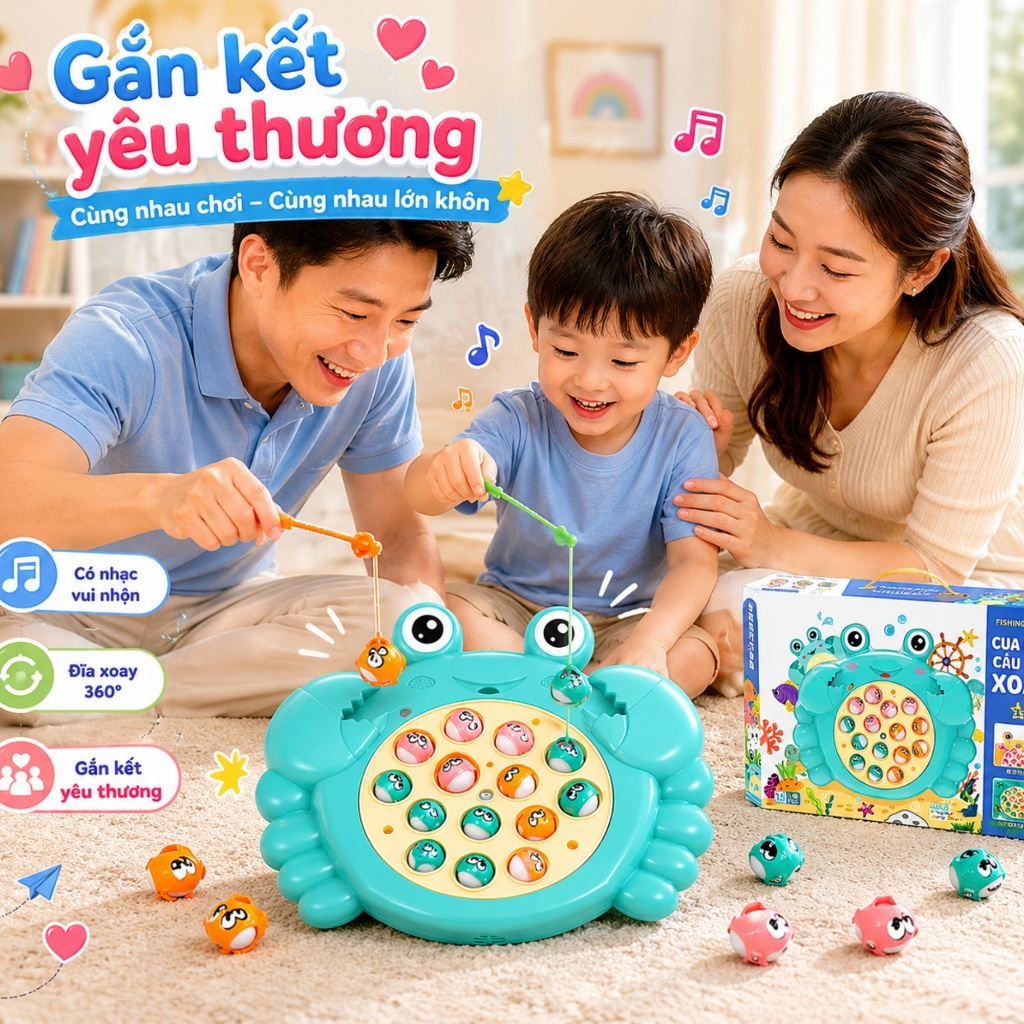 Đồ Chơi Câu Cá Điện Tử Hình Cua Đĩa Xoay 360° Có Nhạc – Bộ Câu Cá Nam Châm Cho Bé 15 Cá 2 Cần Câu
