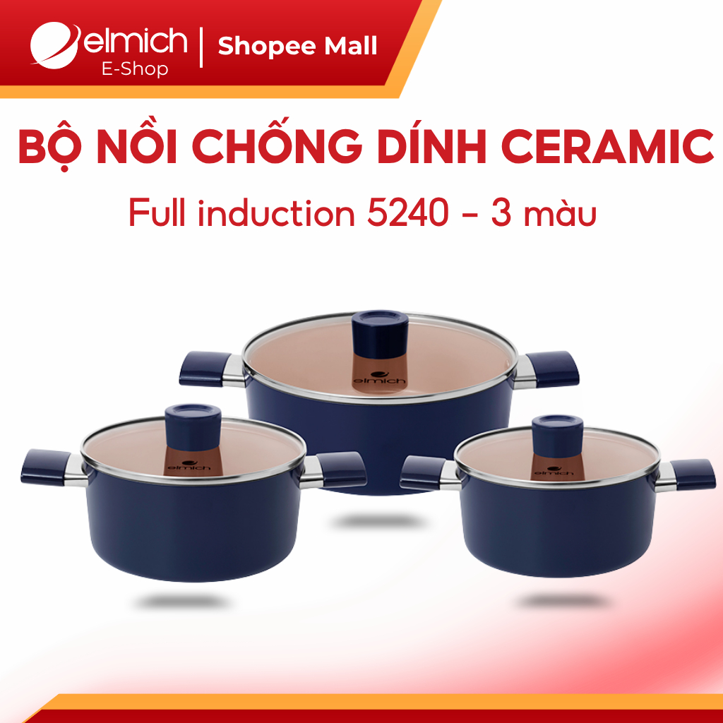 Bộ Nồi Chống Dính Ceramic Full Induction Elmich 5240 Size 18,20,24cm Dùng Bếp Từ Cao Cấp Chính Hãng
